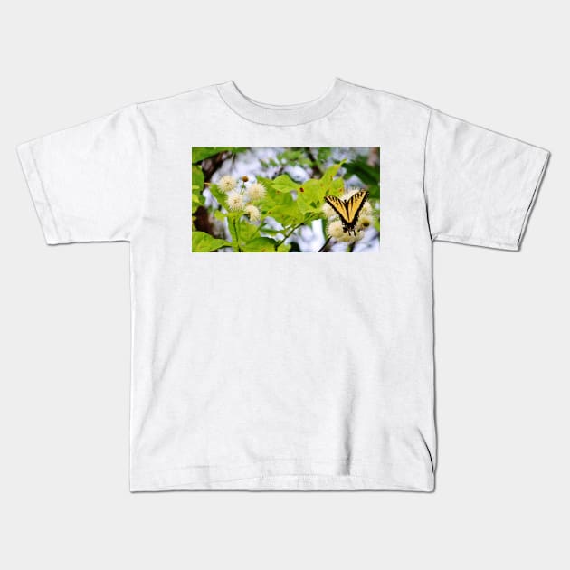 Butterfly On Buttonbush Kids T-Shirt by Cynthia48